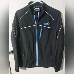 Mens Swix Delda Light Softshell zip up jacket Black/royal blue size LG
